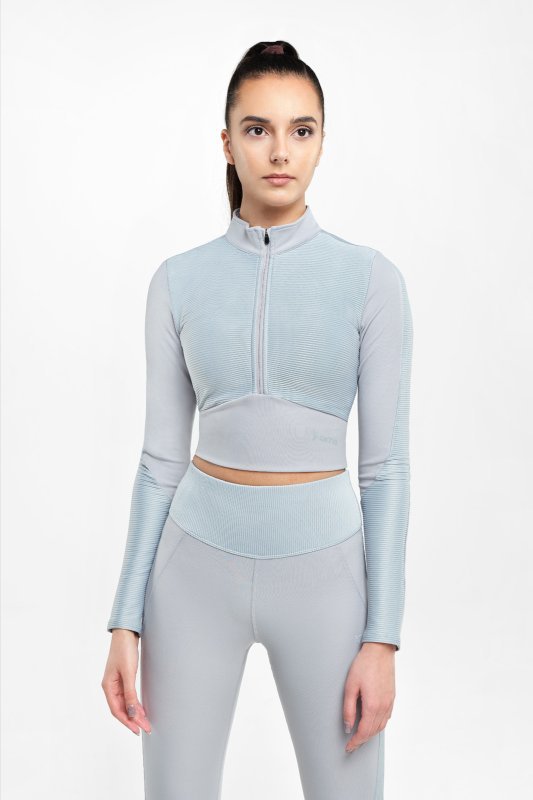 Long Sleeve Sport Top with Short Zip — Gray