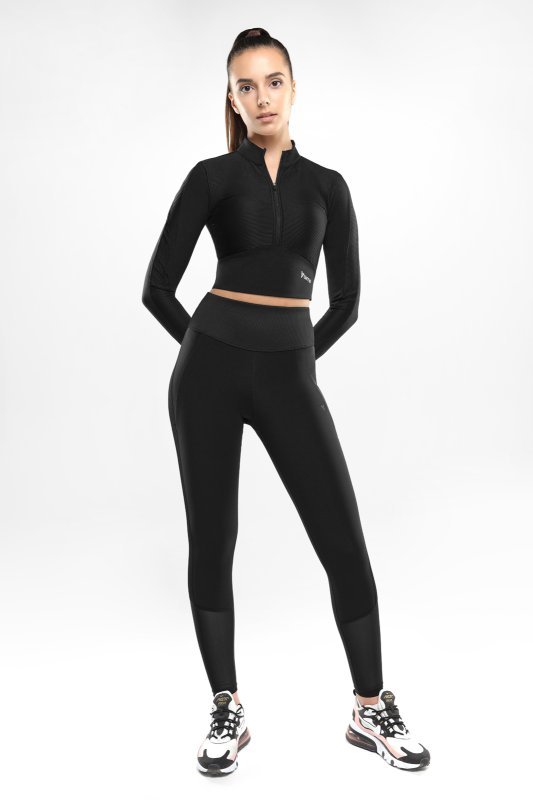 Long Sleeve Sport Top with Short Zip — Black